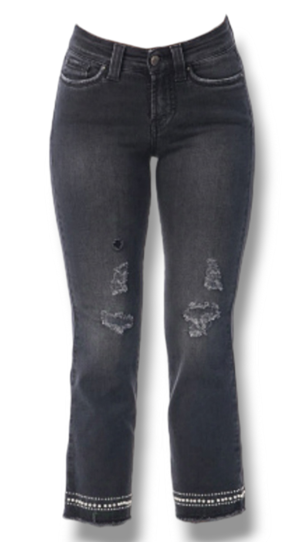 pantalon vaquero cropped strass y perlas negro